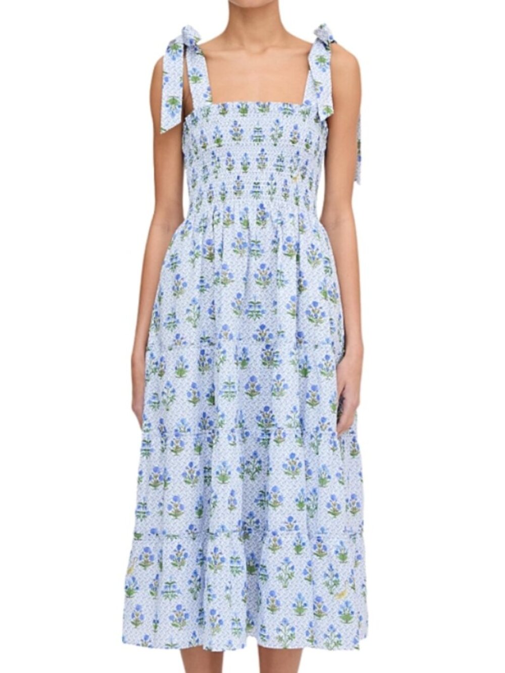 Hill House Ribbon Ellie Nap Dress Tie Strap Blue Block Print - Size S